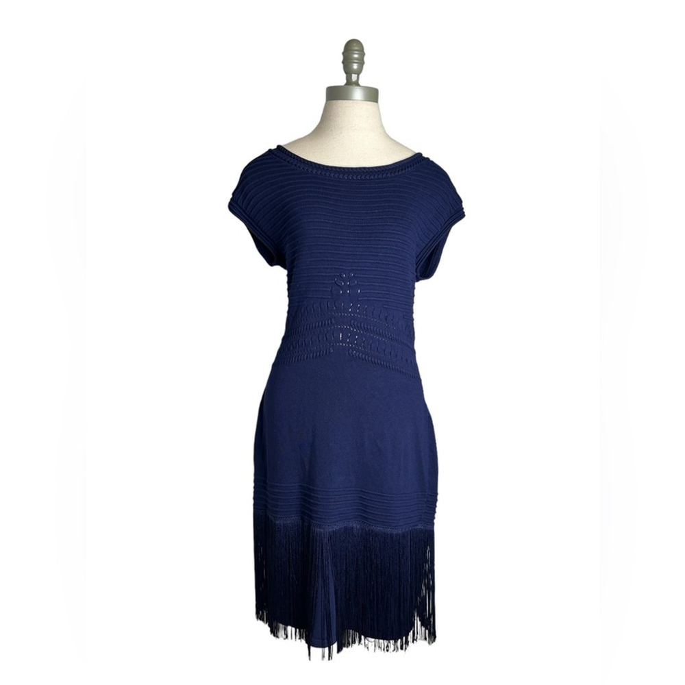 Venus Navy Blue Short Sleeve Cocktail Fringe Sweater Knit Dress Size Medium - Picture 6 of 14